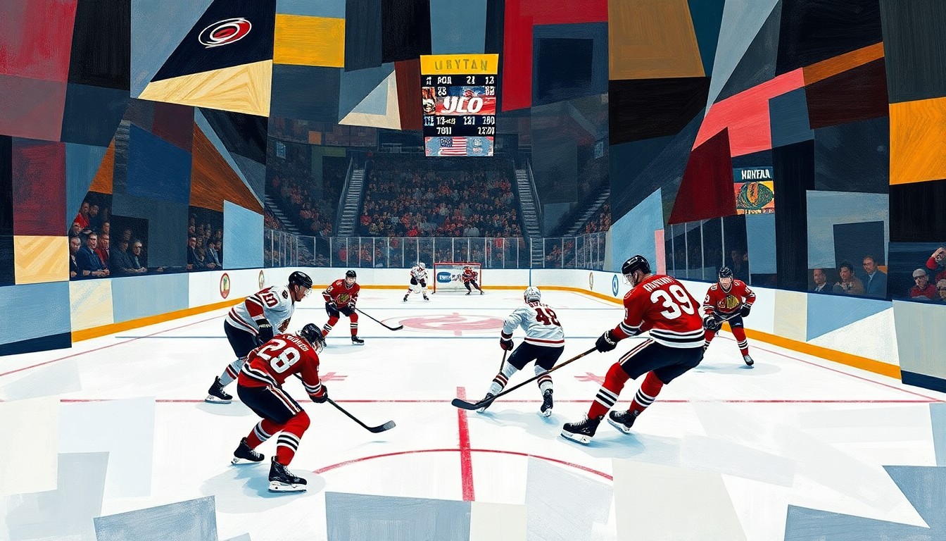 A cubist-style painting depicting a hockey game between the Carolina Hurricanes and Chicago Blackhawks, with the players' movements and the energy of the game captured through sharp, overlapping geometric planes in a vibrant color palette.