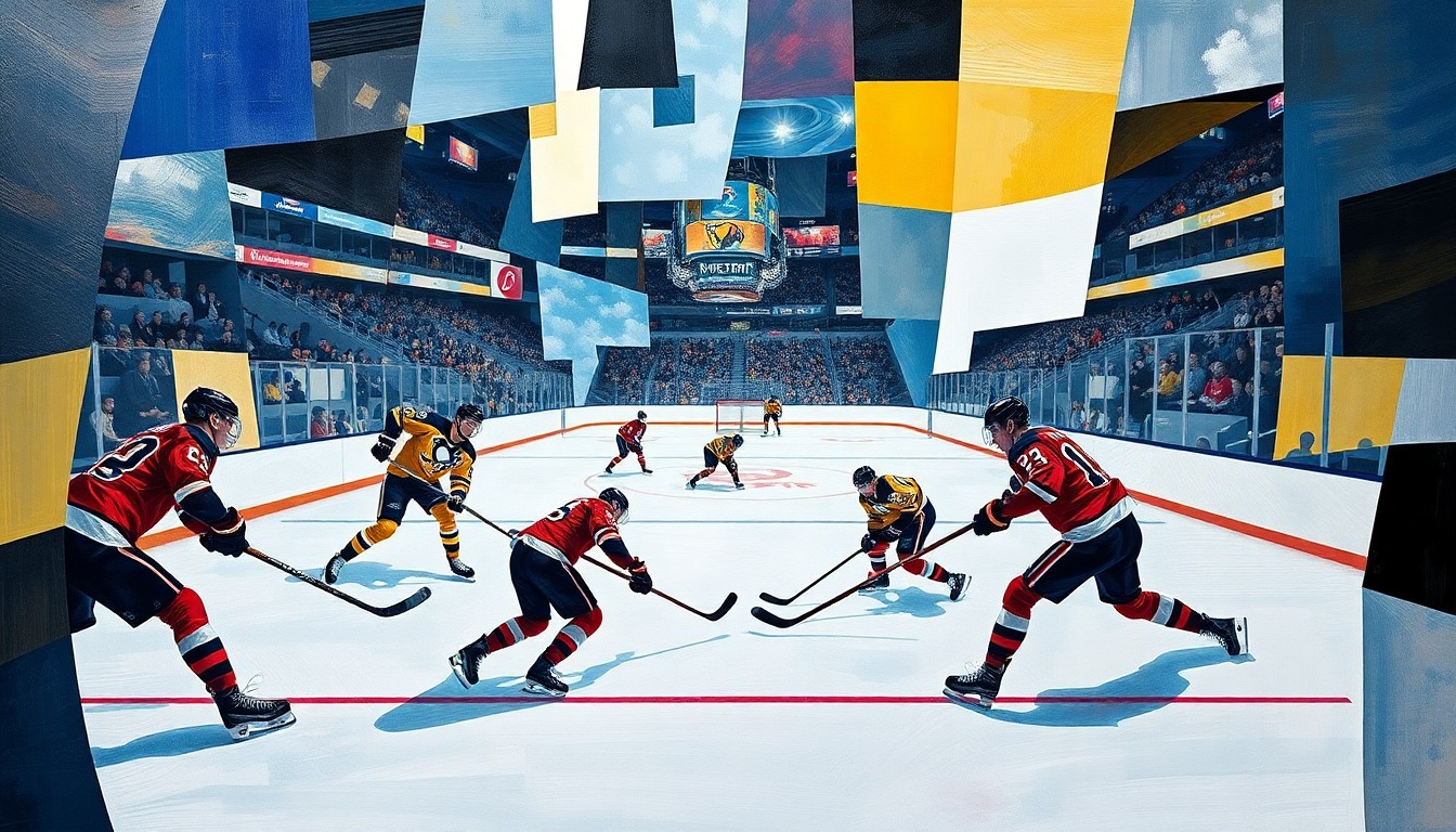 A cubist, geometric painting depicting the energy and movement of a hockey game, with overlapping planes and shapes representing the players and the action on the ice.