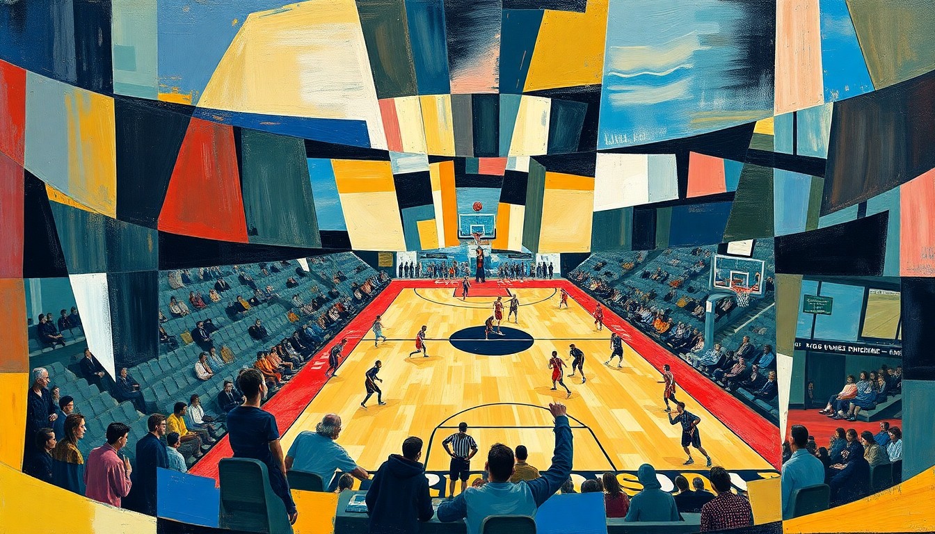 A cubist, geometric painting depicting a fractured, multi-perspective view of a basketball game, with sharp, overlapping planes of color and form representing the dynamic action on the court.