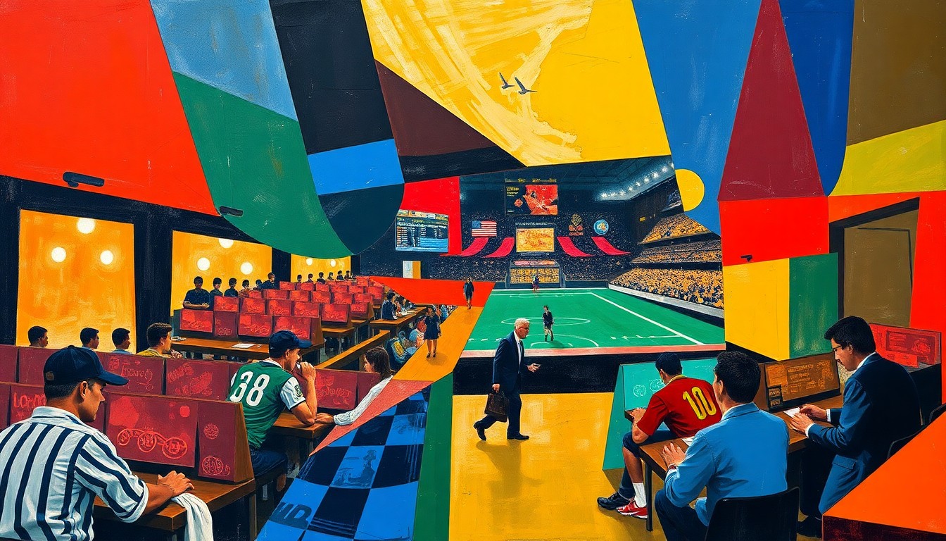 A fractured, multi-perspective painting in bold, contrasting colors that breaks down a sports betting scene into sharp, overlapping geometric planes, conceptually representing the tension between established and emerging betting platforms.
