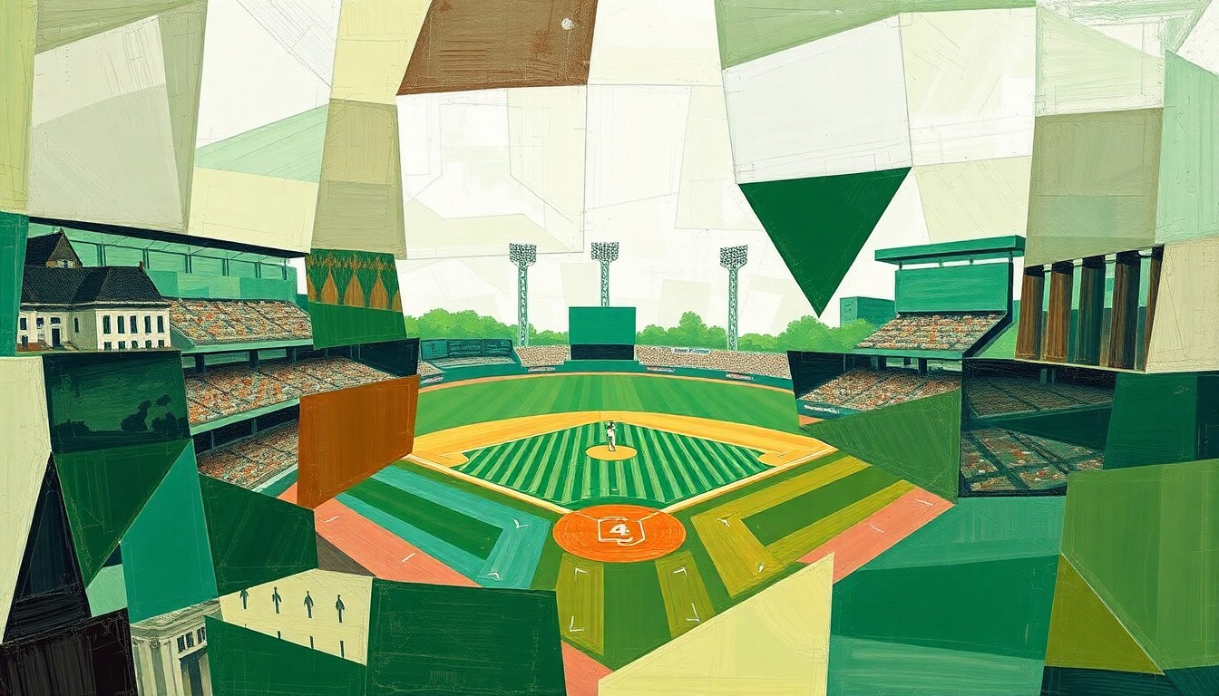 A cubist, geometric painting depicting the dynamic action of a college baseball game, with sharp planes of green, brown, and white overlapping to create a sense of movement and energy.
