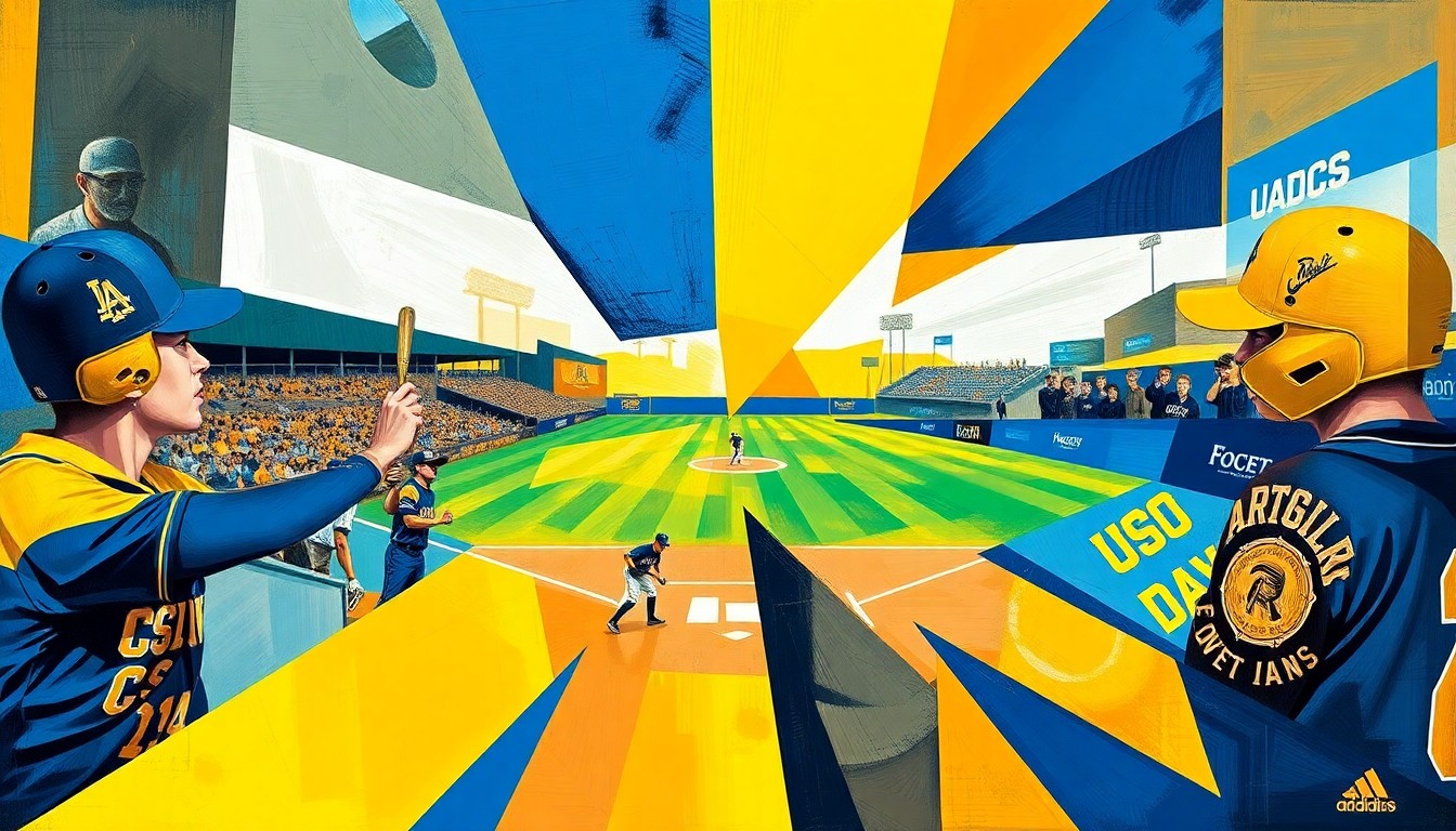 A fragmented, geometric painting depicting a softball game, with sharp planes of blue, gold, and green representing the players, field, and action, conveying the high-stakes drama of the extra-inning contest.