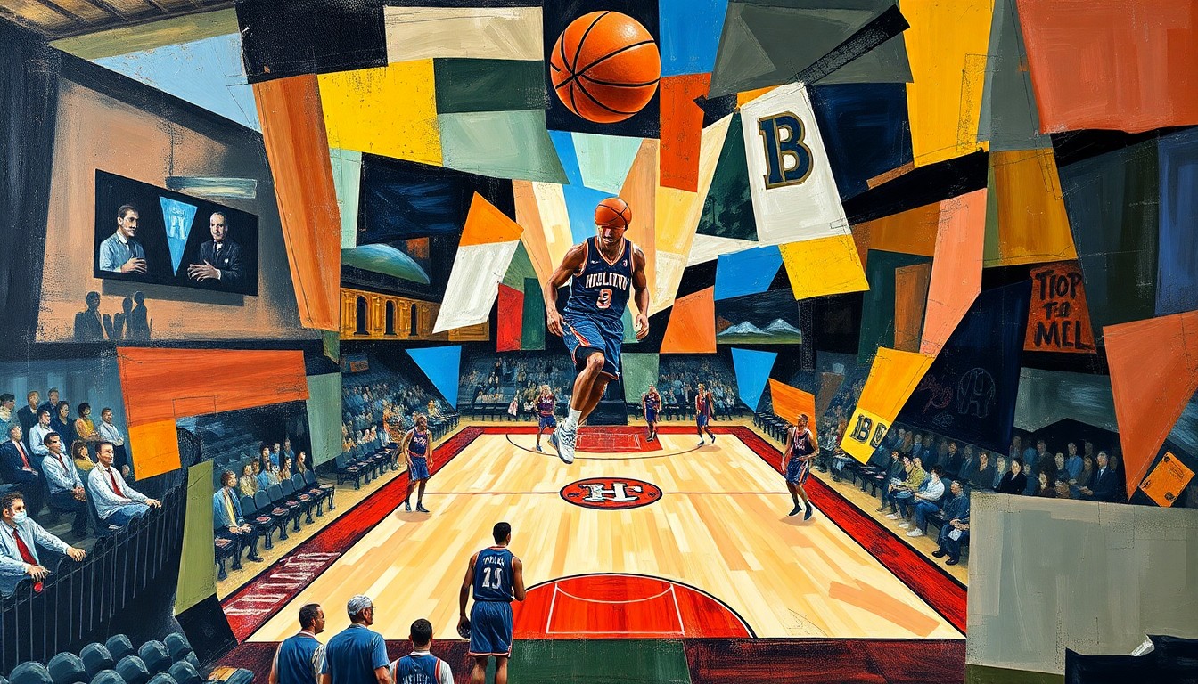 A fragmented, geometric painting depicting a basketball game or match, with sharp, overlapping planes of color and form representing the intensity and complexity of the Knicks' playoff run.