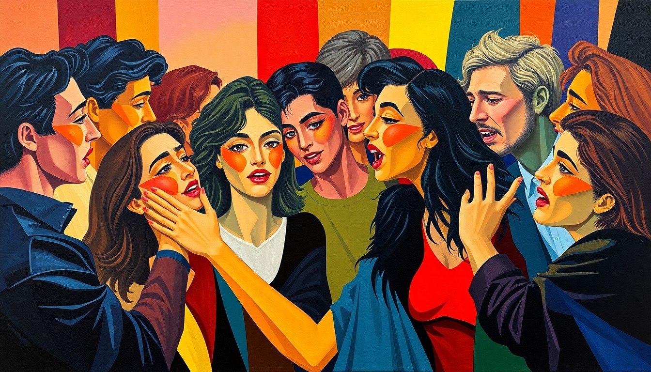 An abstract, energetic painting featuring overlapping, fractured geometric shapes in bold colors, representing a group of people engaged in a passionate political discussion.