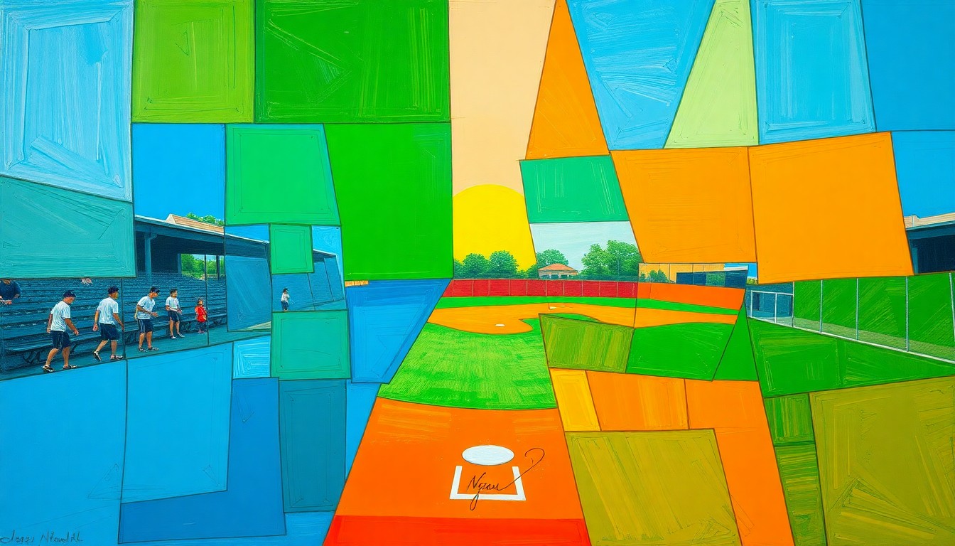 A fragmented, geometric painting depicting a high school softball game, with overlapping planes of bright blue, green, and orange shapes representing the players, field, and equipment.