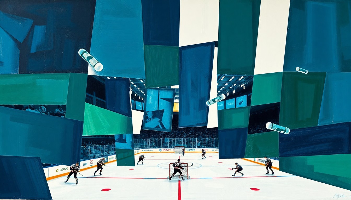 A cubist, geometric painting depicting the chaotic motion and energy of a hockey game, with overlapping planes of navy, green, and white shapes representing the players, puck, and arena.