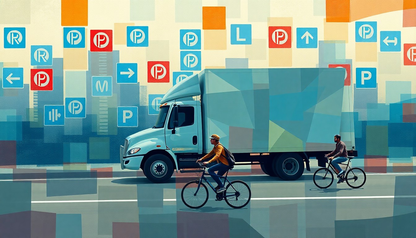 A dynamic, fragmented painting of a delivery truck and cyclist in a bike lane, with the truck partially obscured by a swirling cloud of colorful government parking placards, conveying the chaotic impact of placard abuse on the city's transportation infrastructure.