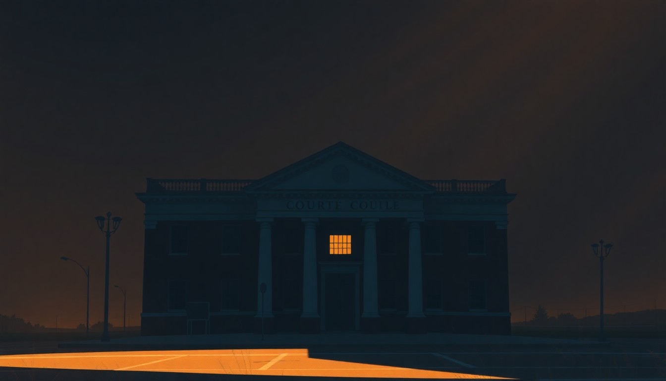 A serene, cinematic painting of a government building or courthouse, with warm sunlight casting deep shadows across the facade, conveying a sense of quiet contemplation about the importance of a fair and impartial judicial system.