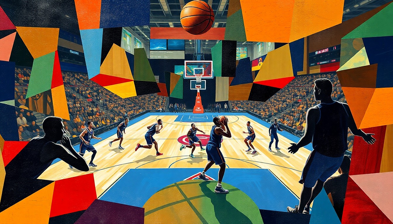 A cubist, geometric painting depicting a fragmented basketball game, with players' forms broken down into abstract shapes and planes of color.