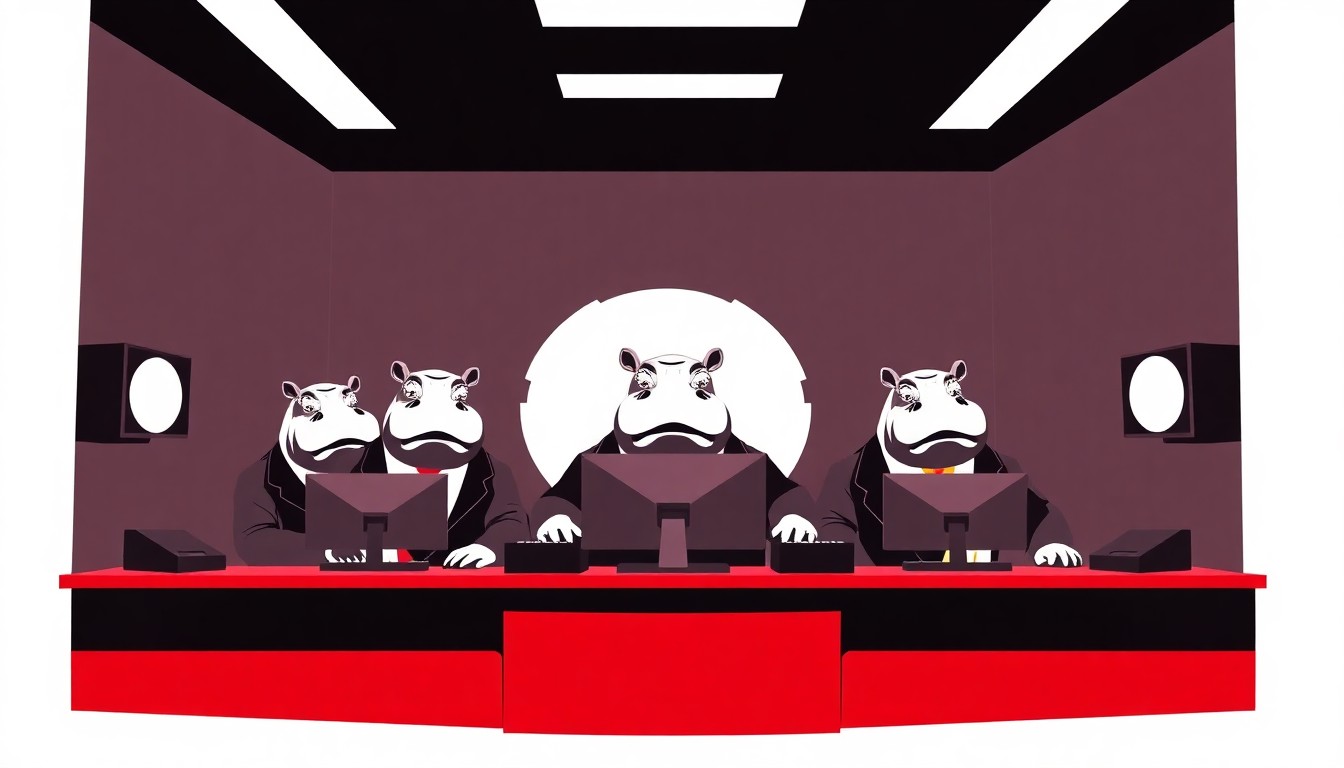 A minimalist, abstract illustration featuring jagged, geometric cut-out shapes in bold red and white, depicting a group of stylized hippo figures in suits operating various controls and equipment, conceptually representing the dark, absurdist humor of Dedo Vabo's Coachella installation.