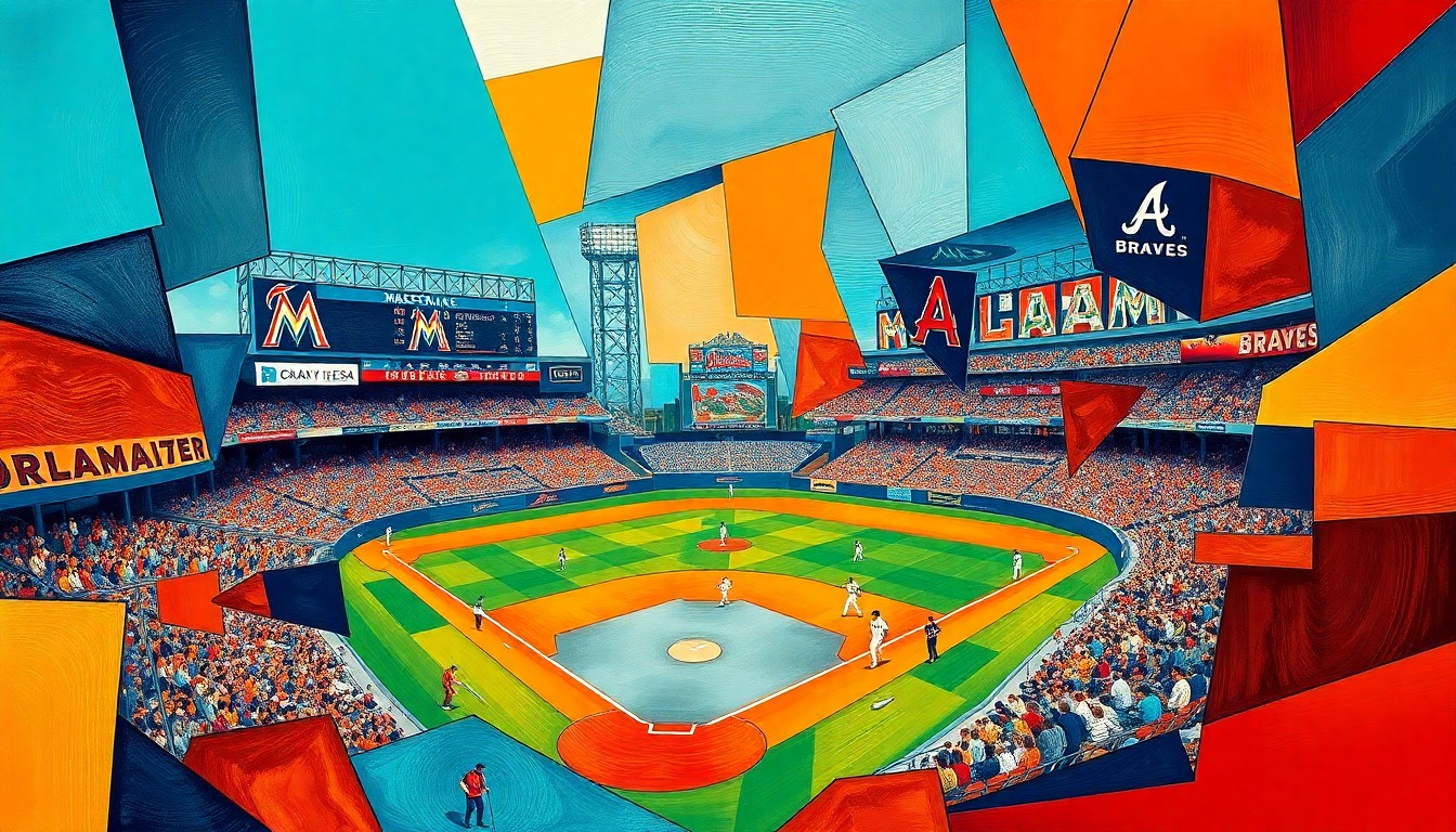 A cubist, geometric painting depicting a baseball game in motion, with overlapping shapes and planes of teal, orange, navy, and red, capturing the energy and intensity of the matchup between the two teams.