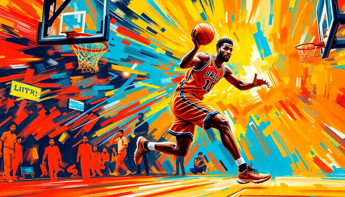 An abstract expressionist painting featuring a blurred basketball player driving to the hoop, with vibrant brushstrokes in neon oranges, yellows, and reds capturing the raw energy and passion of high school basketball.