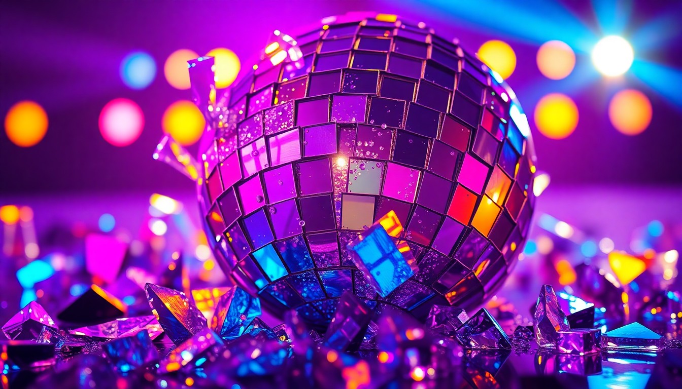 An abstract close-up photograph of shattered glass fragments in vibrant colors, reflecting stage lights and capturing the high-energy, glamorous atmosphere of Clipse's Coachella performance.