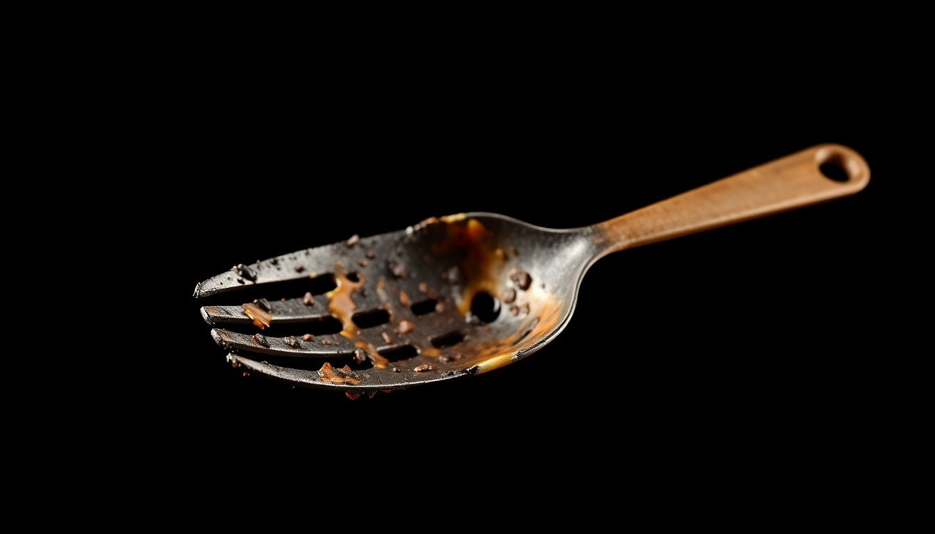 An extreme close-up photograph of a charred and melted kitchen utensil, conceptually representing the damage caused by the apartment fire.