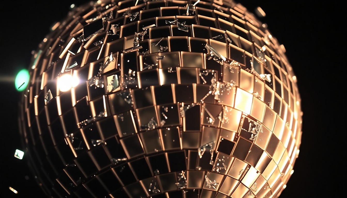 An extreme close-up photograph of shattered glass fragments reflecting bright studio lights, creating a conceptual, high-fashion aesthetic to represent the glamour and spectacle of the entertainment industry.