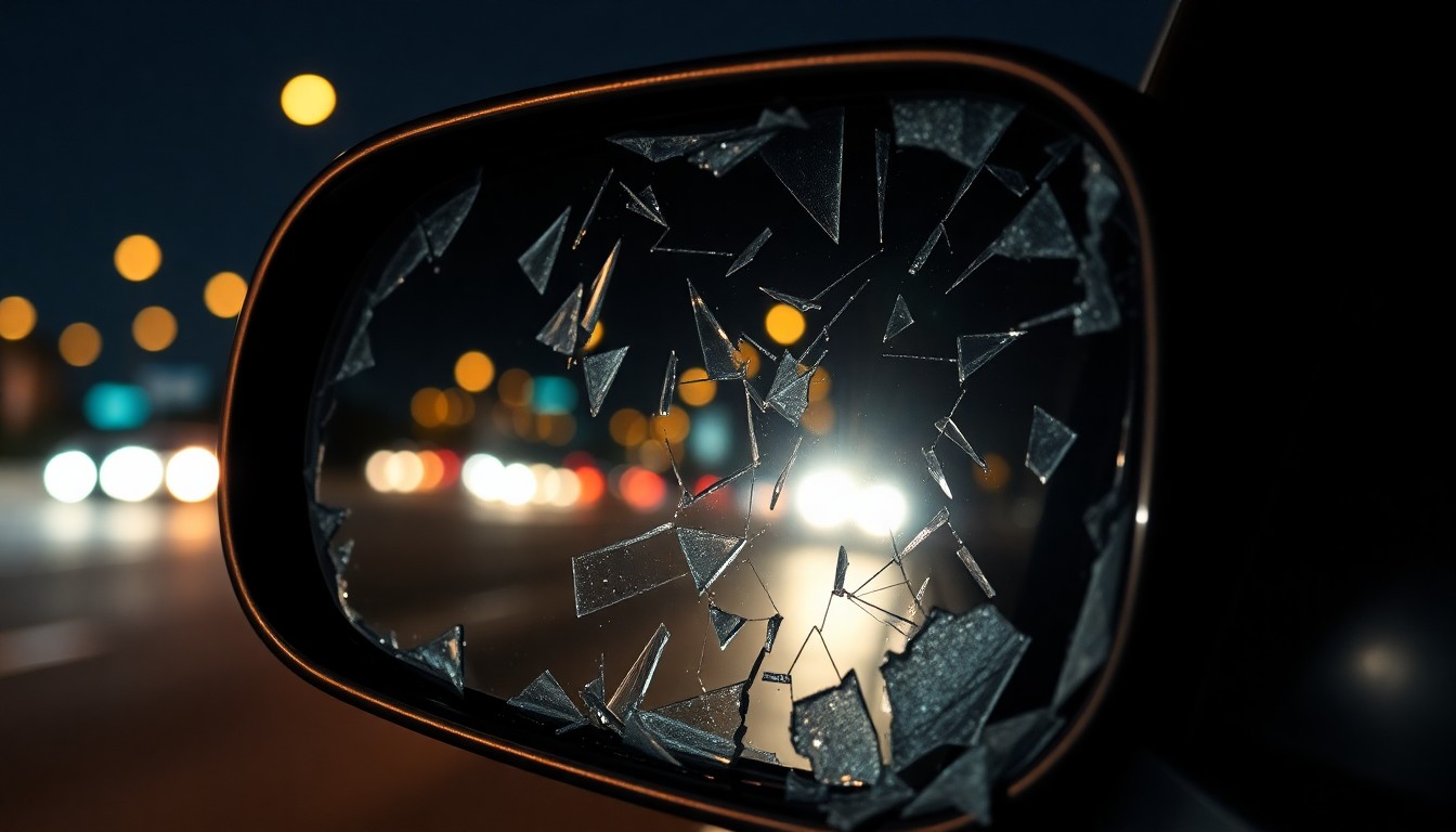 An extreme close-up photograph of a shattered car side mirror reflecting the faint glow of streetlights, conceptually illustrating the aftermath of a fatal pedestrian accident.