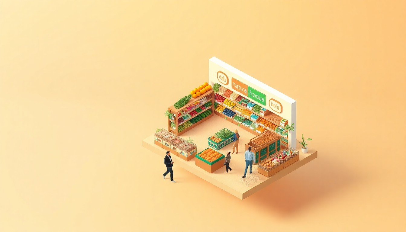 A highly detailed, stylized 3D illustration of a bustling natural foods grocery store, with colorful produce displays, bulk bins, and a lively crowd of shoppers, all rendered in a clean, modern isometric perspective with soft lighting and bold colors.
