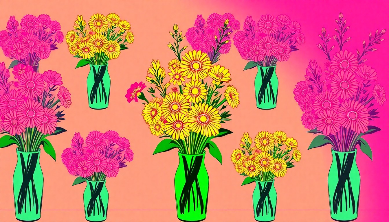 A brightly colored, high-contrast silkscreen print of a single, iconic floral arrangement in a vase, repeated in a tight grid pattern, conceptually representing the vibrant and creative work of a local florist selected for a national event.