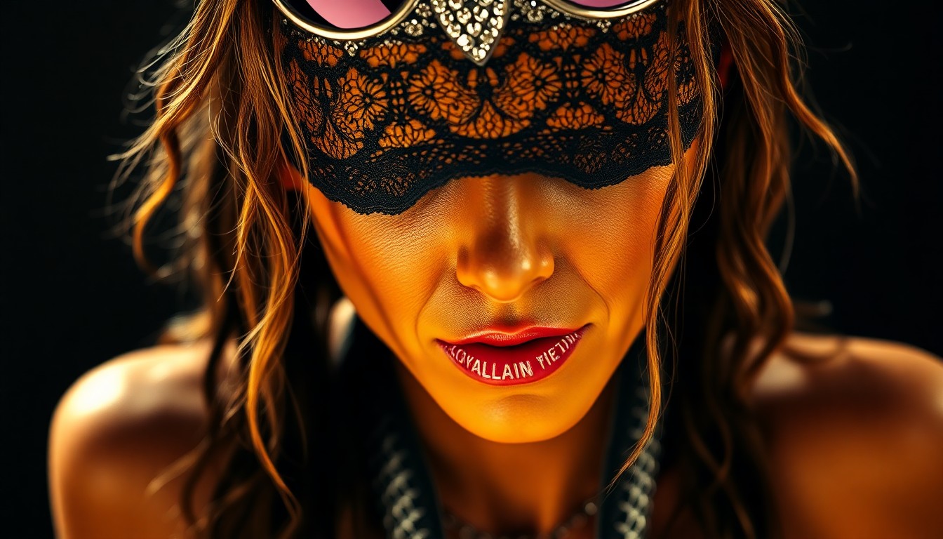 An extreme close-up of luxurious fabrics and materials, including lace, fishnet, and leather, captured in dramatic, high-contrast lighting to create a conceptual, abstract representation of Heidi Klum's Coachella disguise.