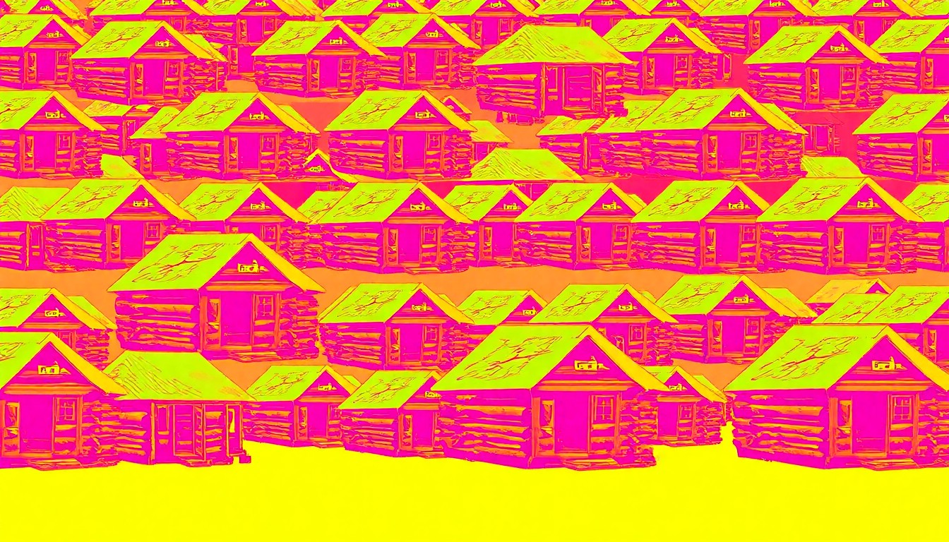 A bold, colorful silkscreen-style illustration featuring a repeated pattern of a simple log cabin structure in bright, neon-like hues, capturing the spirit of community-driven historical preservation.