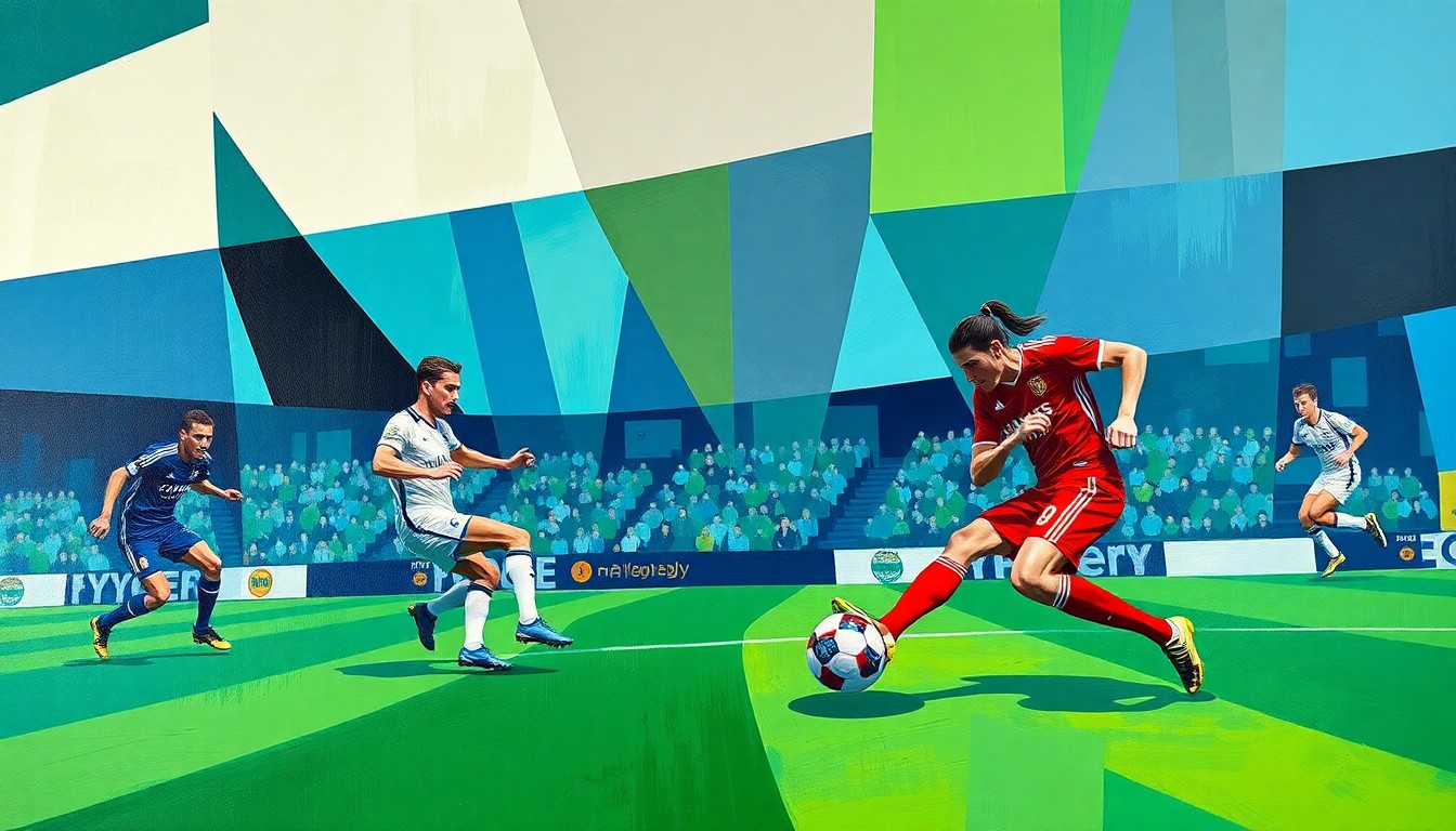 A fractured, multi-perspective painting depicting a soccer match, with the players and ball represented through sharp, overlapping geometric shapes in a vibrant color palette, capturing the energy and dynamism of the game.