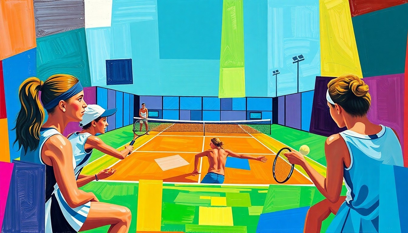 A fragmented, geometric painting in bold colors depicting a girls tennis match, with overlapping shapes and planes representing the dynamic action on the court.