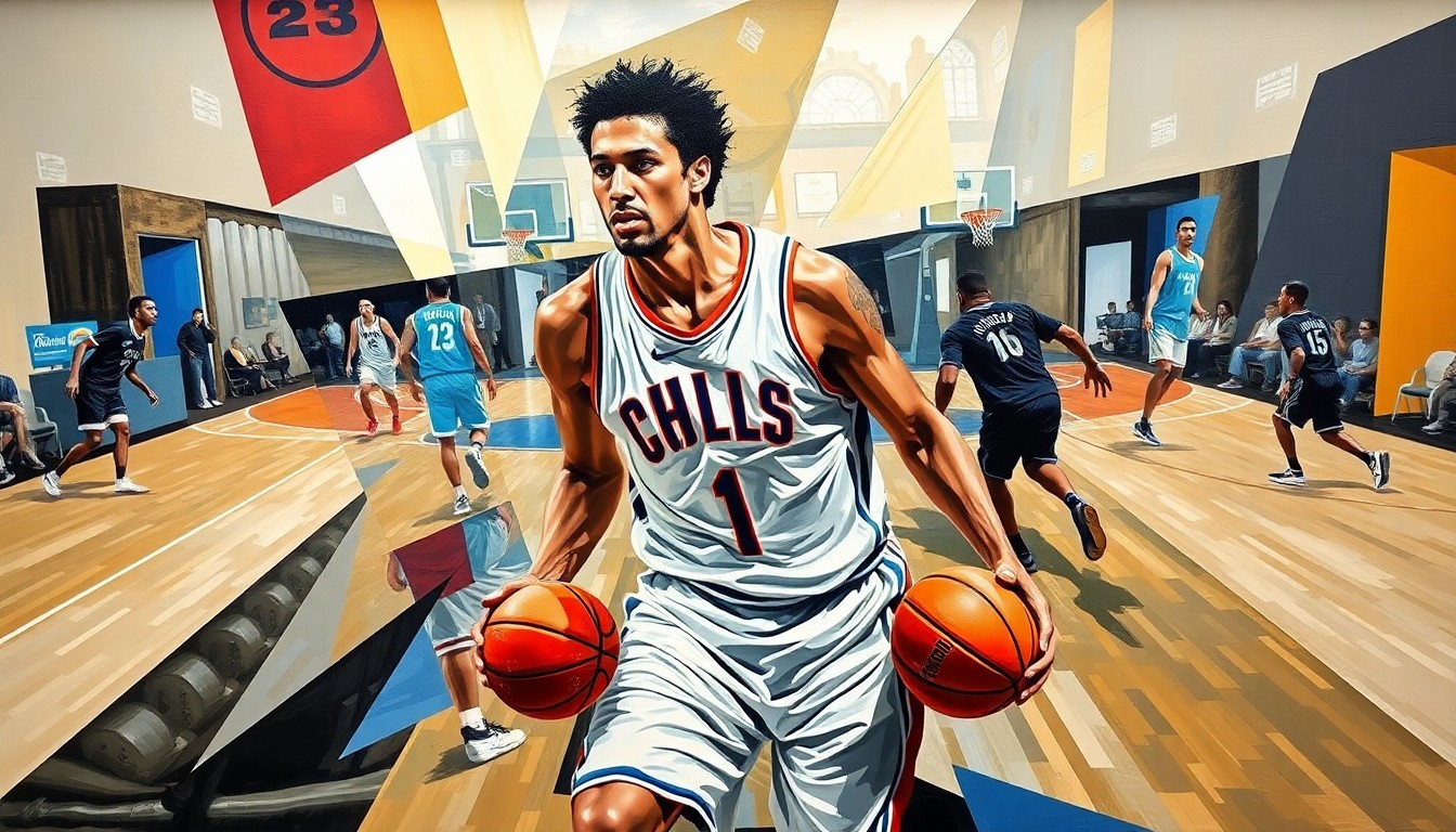 A fragmented, geometric painting depicting the fluid motions and actions of a basketball player, with sharp, overlapping shapes and planes that capture the intensity and athleticism of the game.