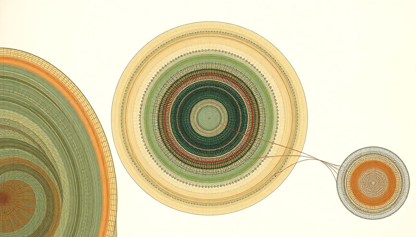 An abstract painting in soft, earthy tones featuring sweeping geometric arcs, concentric circles, and precise botanical spirals, conceptually representing the complex, conserved regulatory framework that has shaped plant development over geological timescales.