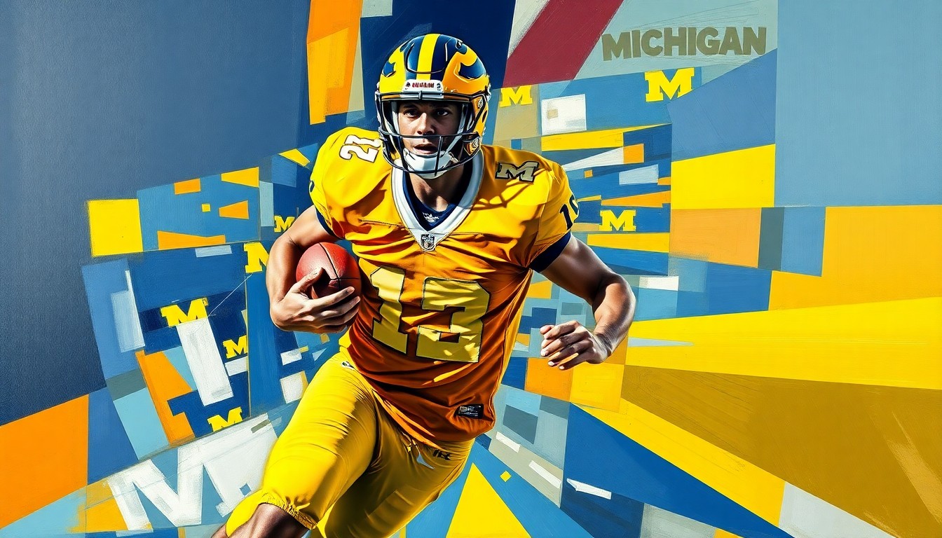 A cubist-style painting depicting a college football player in motion, with their body broken down into overlapping geometric shapes in shades of maize, blue, and other vibrant colors, representing the dynamic and multifaceted nature of the player's skills.