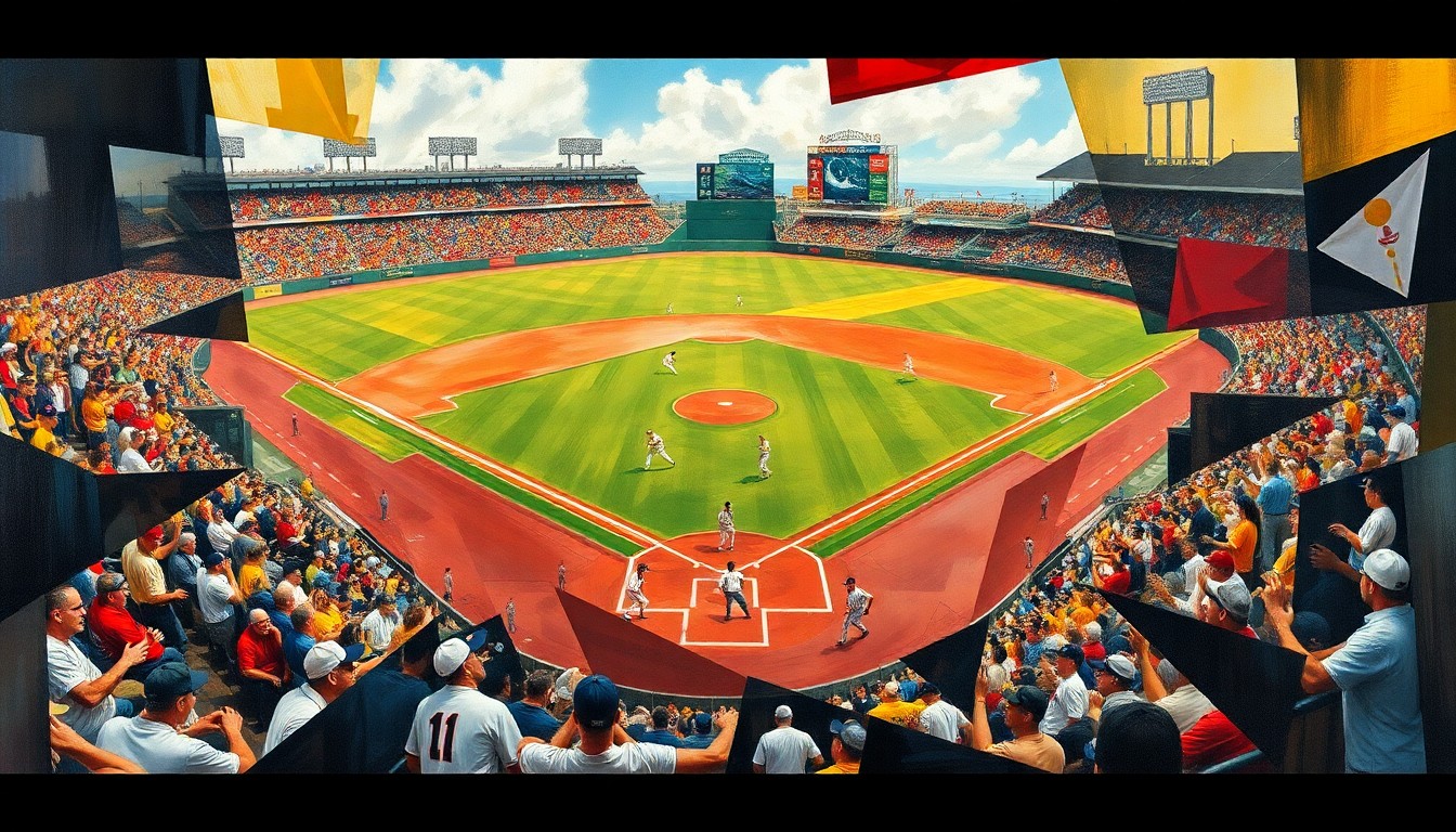 A fragmented, geometric painting depicting a baseball game, with the players, field, and action broken down into abstract shapes and planes of color, conveying the intensity and dynamics of the sport.