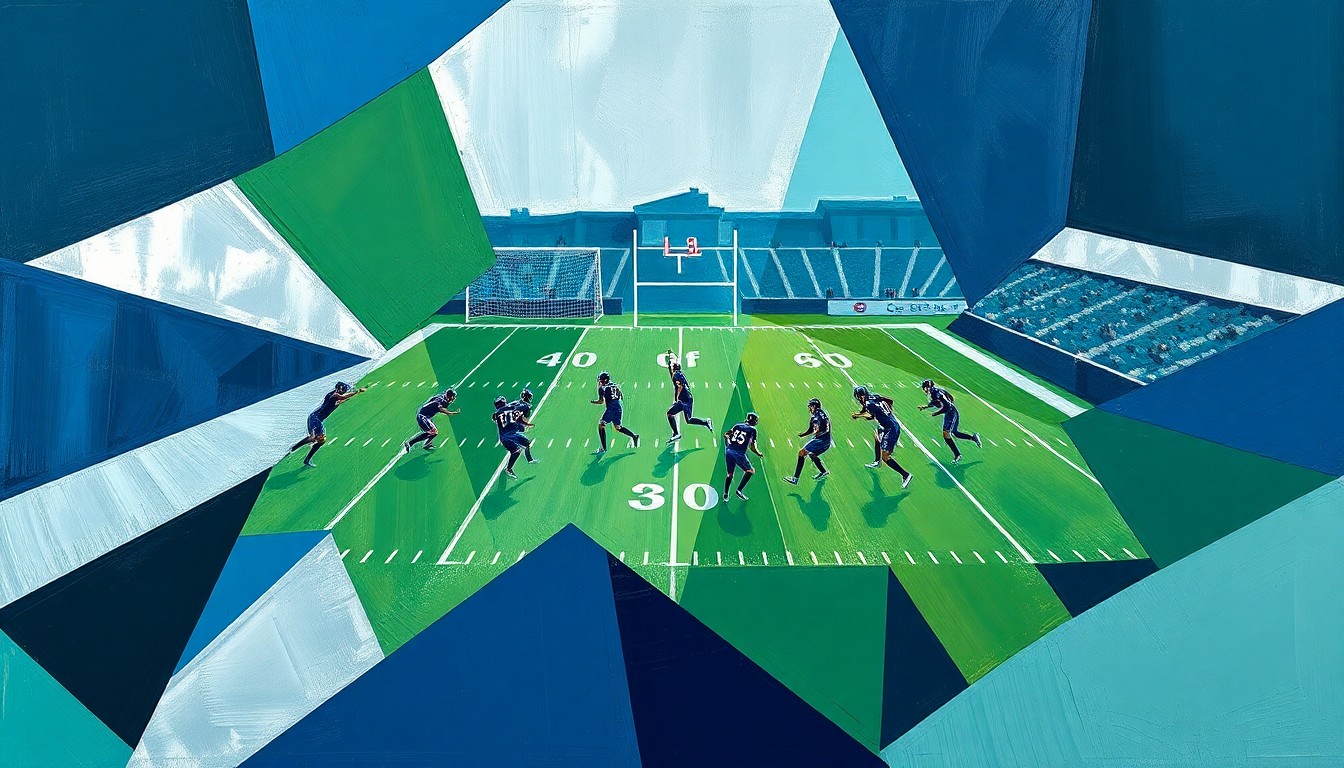 A cubist, geometric painting depicting fragmented scenes of a football game or practice, with sharp, overlapping shapes in navy, green, and silver hues conveying the complex challenges facing the Jets' new offensive coordinator.