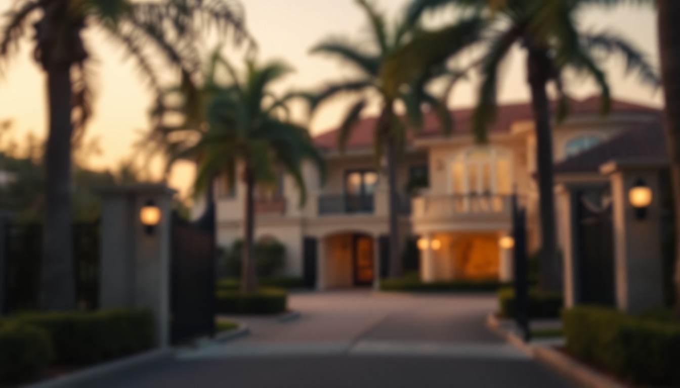 An abstract, out-of-focus photograph depicting the entrance to an exclusive gated community, with blurred palm trees and a glimpse of a luxury home in the background, all bathed in a warm, hazy light, conceptually representing the secure and exclusive nature of this wealthy enclave.