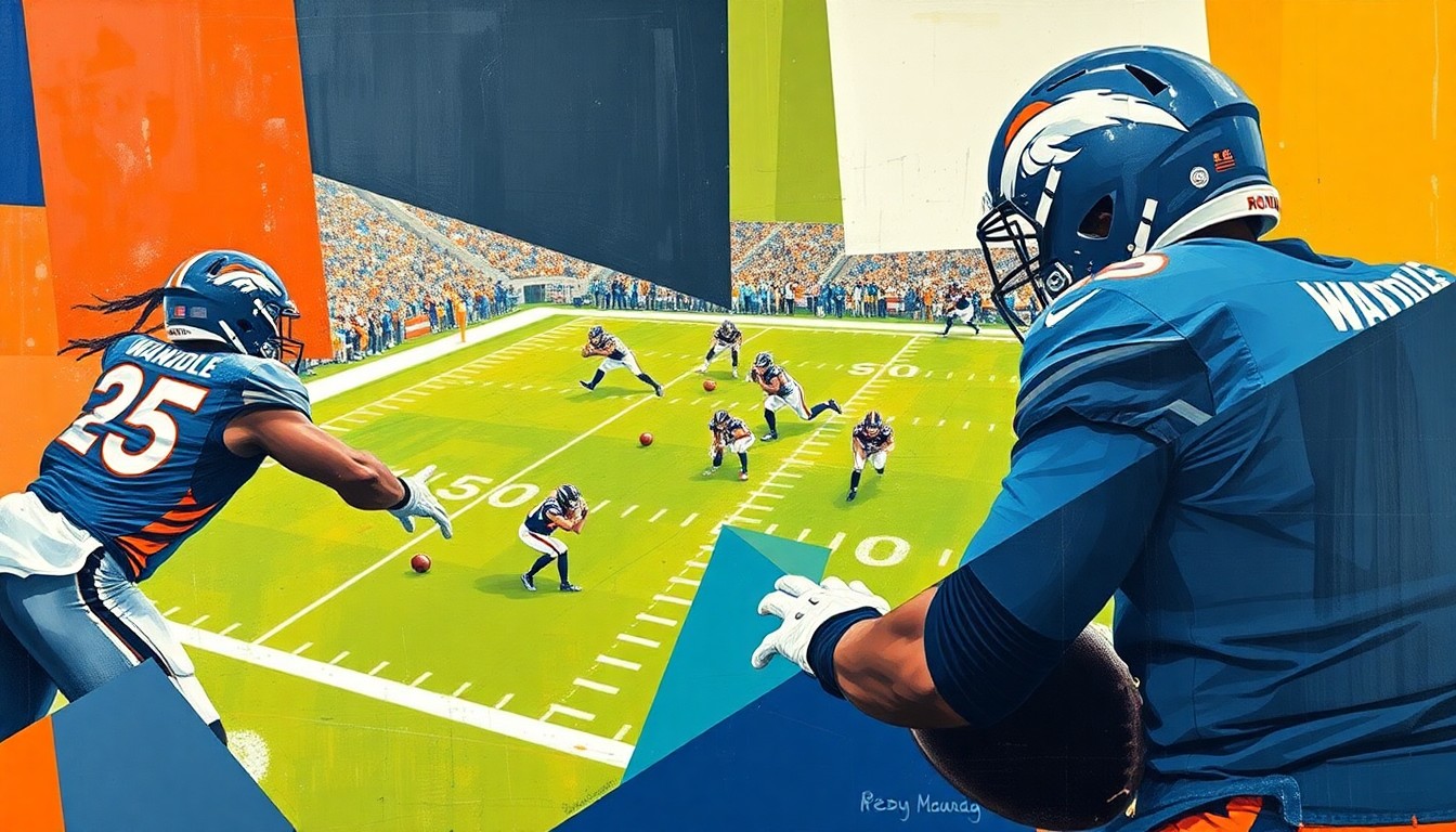 A cubist-style painting depicting a Broncos offensive play, with the players and ball broken down into sharp, overlapping geometric shapes and planes, conveying the dynamic and multifaceted nature of the team's new-look offense.