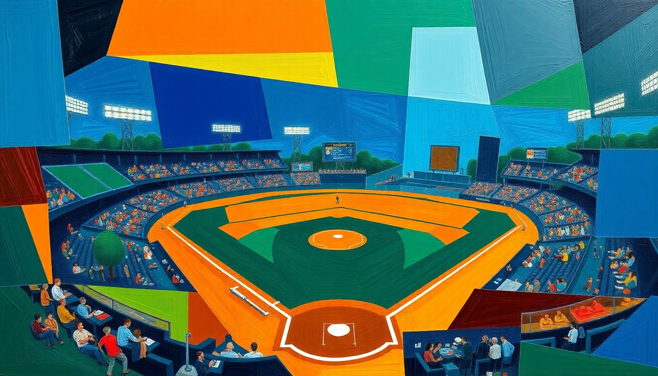 A fractured, cubist-style painting depicting a baseball game broken down into sharp, overlapping geometric shapes in vibrant shades of blue, green, and orange, capturing the dynamic energy of a night at the ballpark.