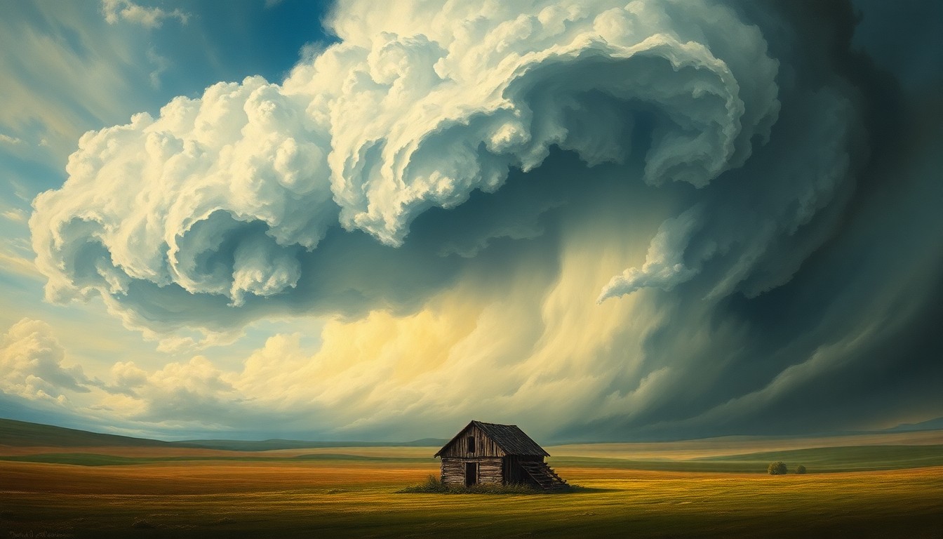 A sweeping, atmospheric landscape painting in muted tones of gray, blue, and green, depicting a massive storm system dominating the horizon and casting a shadow over a small, damaged building in the foreground. The scene conveys a sense of the overwhelming power of nature and the fragility of human structures.