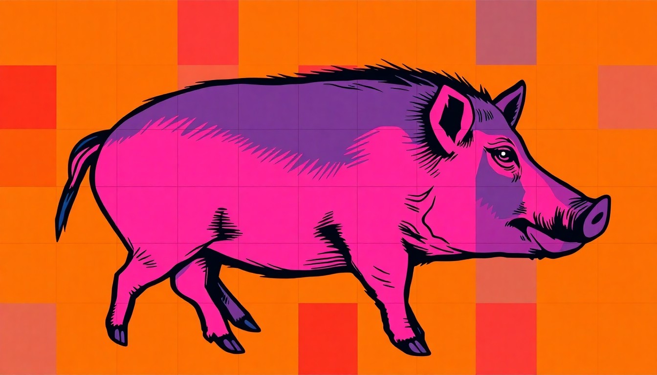 A bold, colorful silkscreen-style illustration featuring a repeated pattern of a single feral hog, conceptually representing the growing problem of these invasive animals in urban Texas communities.