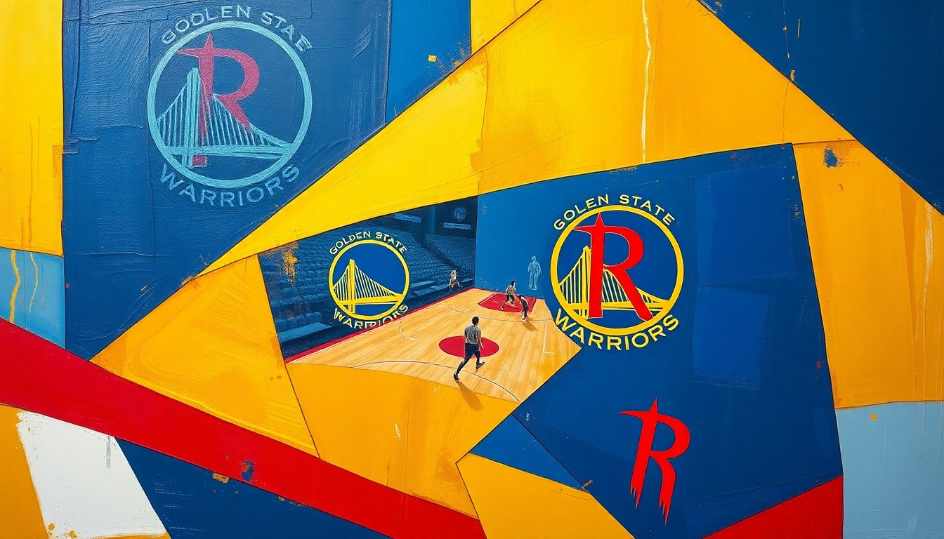 A cubist-style painting depicting a basketball game in progress, with the players and court broken down into overlapping geometric shapes and planes in shades of navy blue, gold, and red.