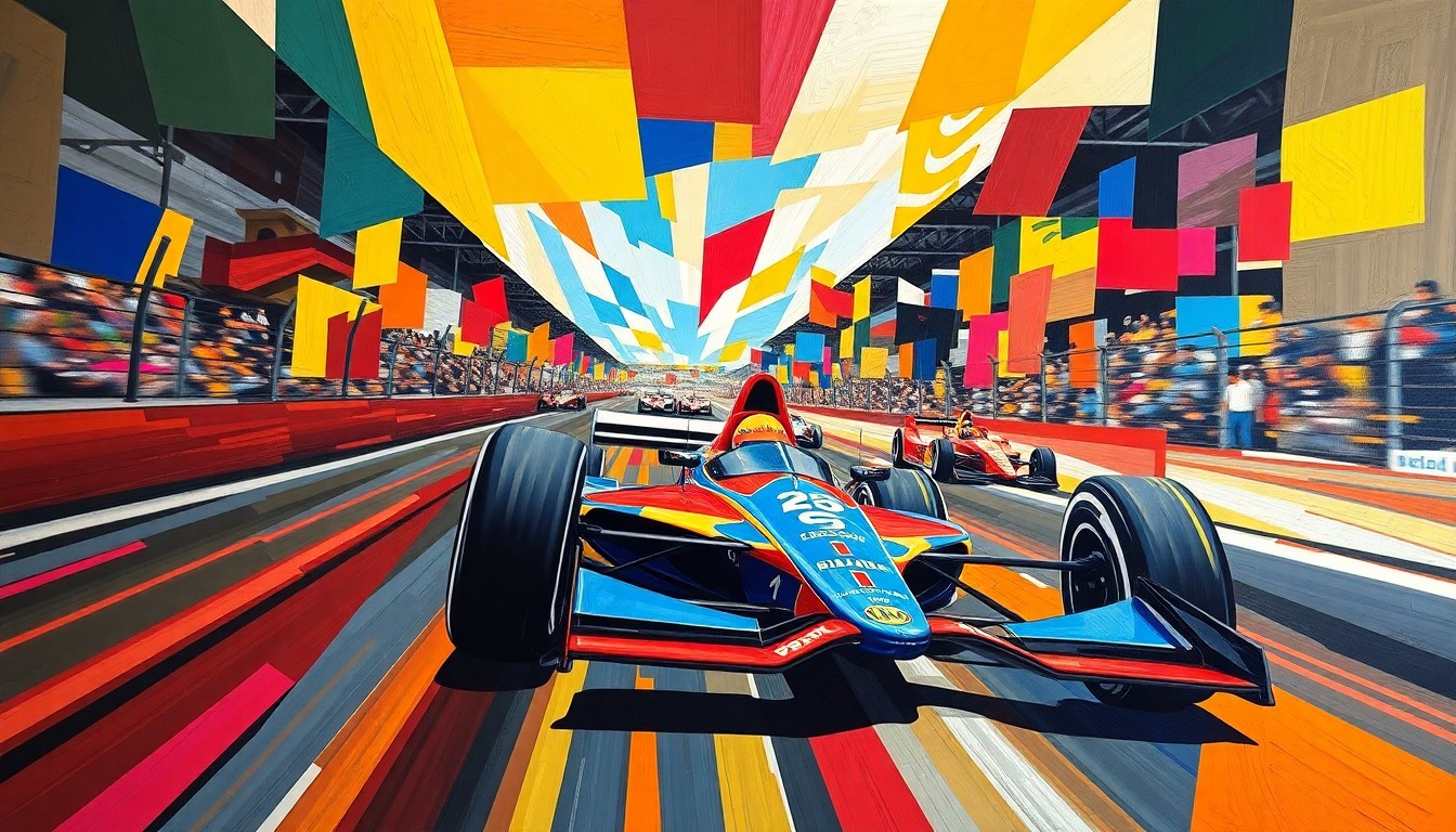 A cubist, geometric painting depicting an INDYCAR race, with sharp, overlapping planes of bright racing colors and dynamic movement, conveying the sport's high-speed action and the need for fair, transparent officiating.