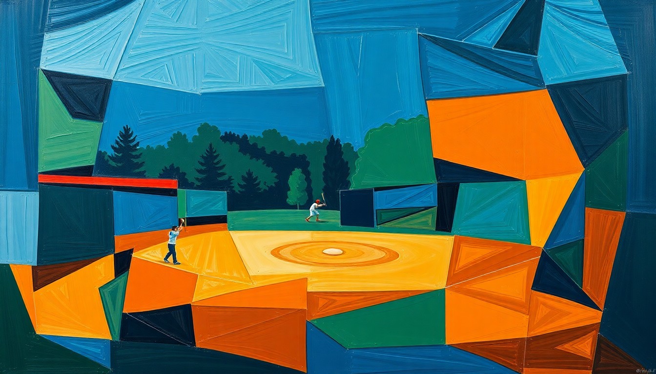 A cubist, geometric painting depicting a softball game broken down into overlapping planes of navy, green, and orange, capturing the dynamic motion and competitive tension of the sport.