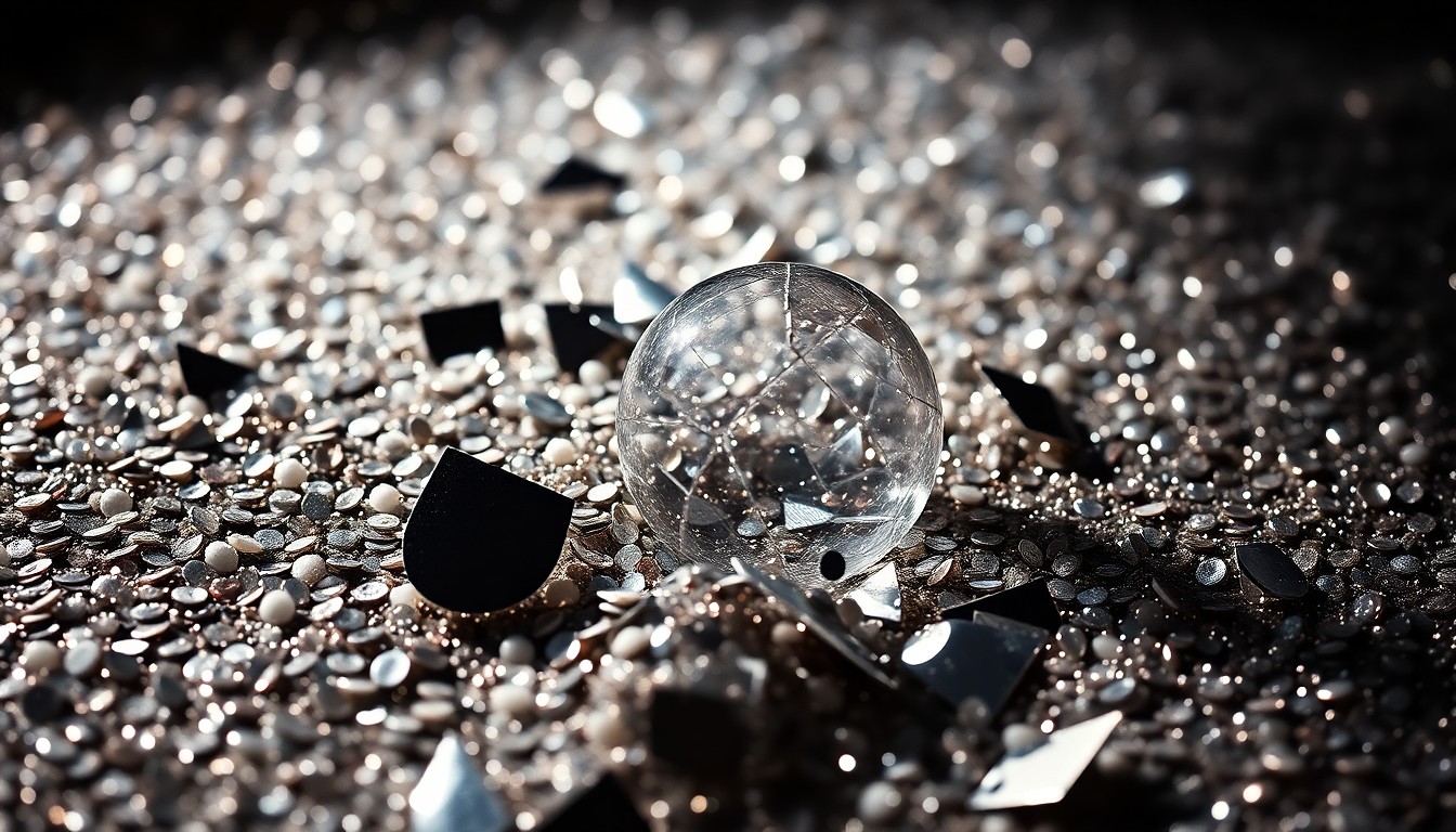 An extreme close-up of shimmering, reflective sequins and shattered glass, capturing the glamour and high-stakes drama of the 'Big Little Lies' series.