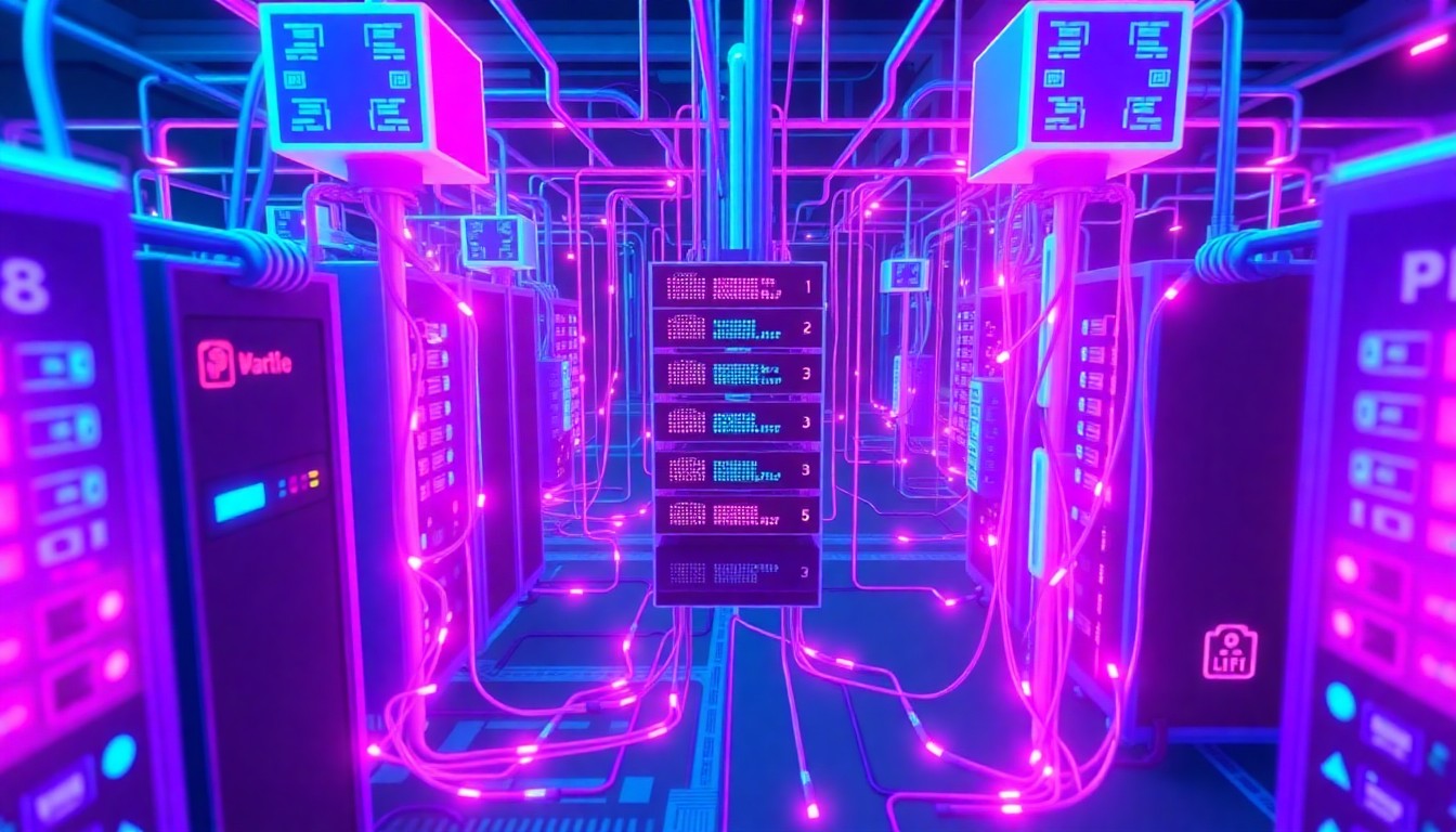 A highly detailed, glowing 3D illustration of a complex network of servers, cables, and digital components in shades of neon blue and magenta, conceptually representing the critical technology systems that underpin a school district's operations.