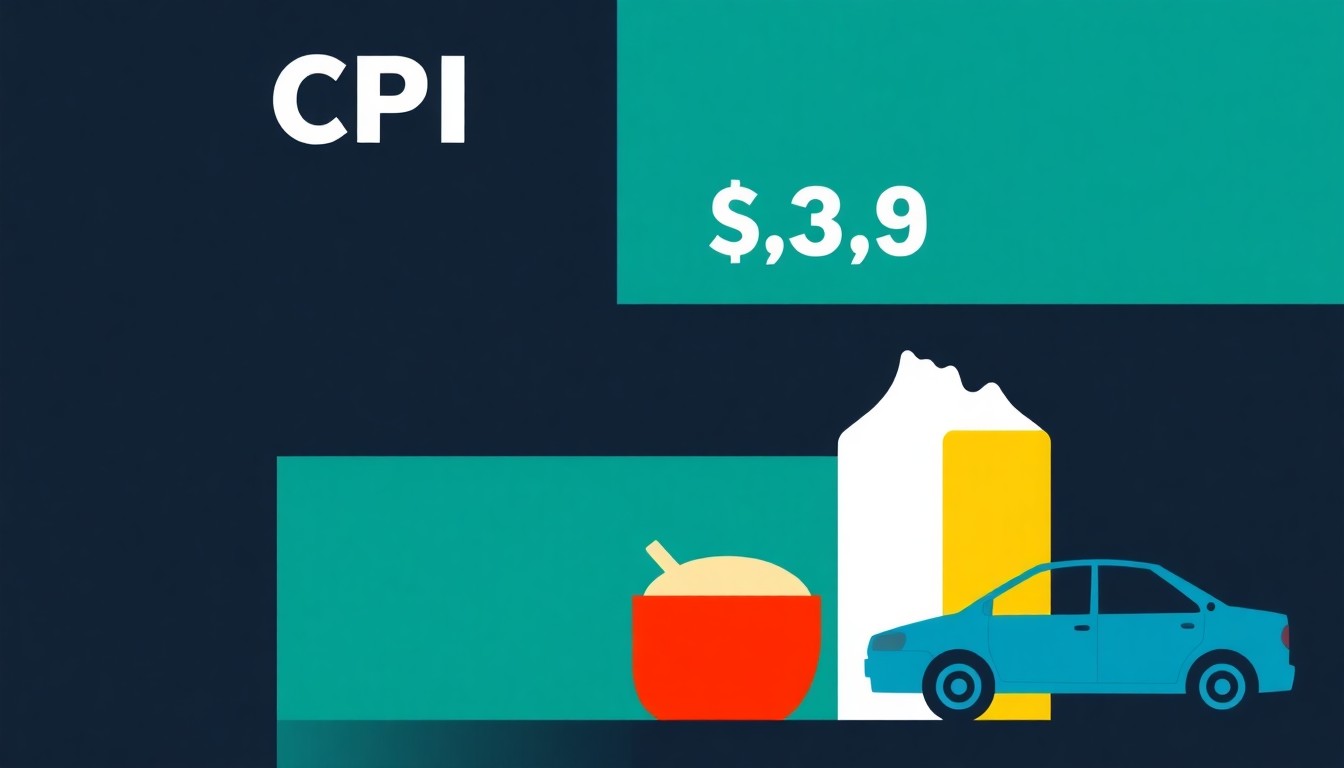 A minimalist illustration using abstract geometric shapes and primary colors to represent the economic trends from the CPI report, including falling prices for food, dairy, and used cars.