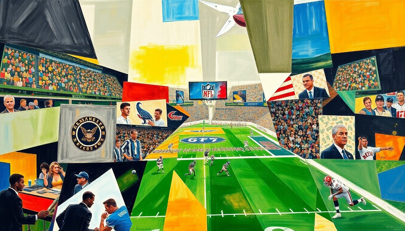 A cubist, geometric painting depicting fragmented and overlapping shapes representing various football players and draft prospects, conveying the complex and multifaceted nature of the Eagles' draft decisions.