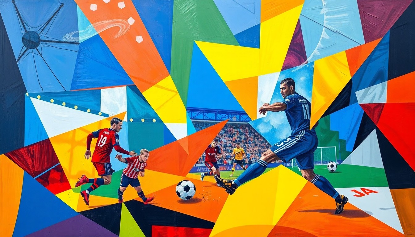 A cubist-style painting depicting a football match or transfer negotiation, with the players and action broken down into overlapping geometric shapes and planes in a vibrant color palette.