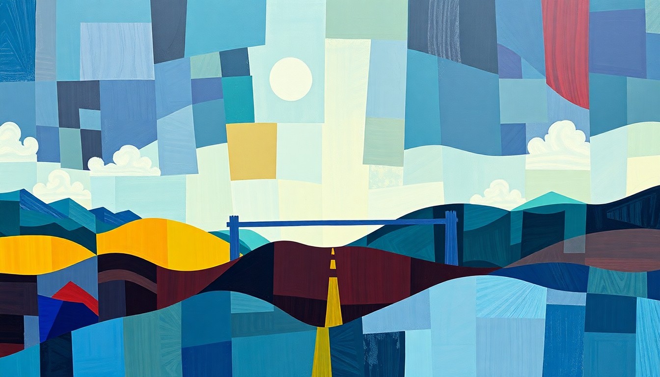 A vibrant, abstract painting with overlapping, fractured shapes and lines in shades of blue, green, and red, conceptually representing the political and economic tensions between Ecuador and Colombia.