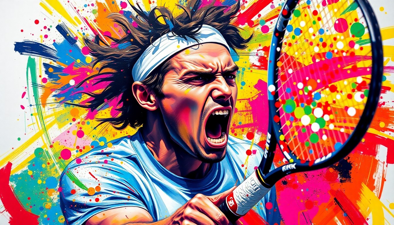 An extreme close-up of a tennis player's face contorted in anguish, with the surrounding court dissolving into a chaotic expressionist painting of vibrant neon colors and rapid brushstrokes, capturing the raw emotional intensity of the moment.