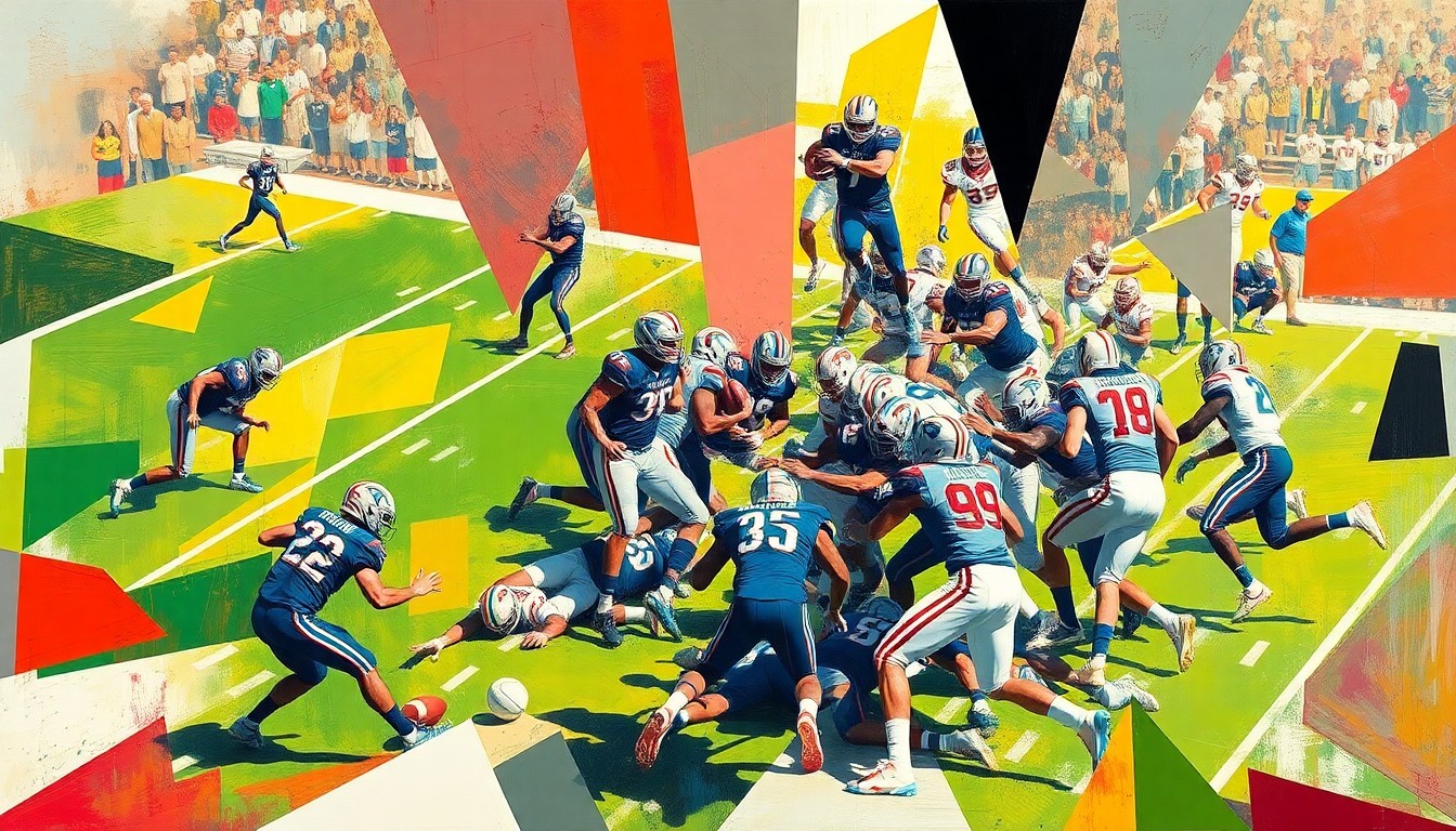 A fractured, multi-perspective painting in a cubist style, breaking down a college football spring scrimmage into sharp, overlapping geometric planes of color and movement, capturing the dynamic energy of the event.