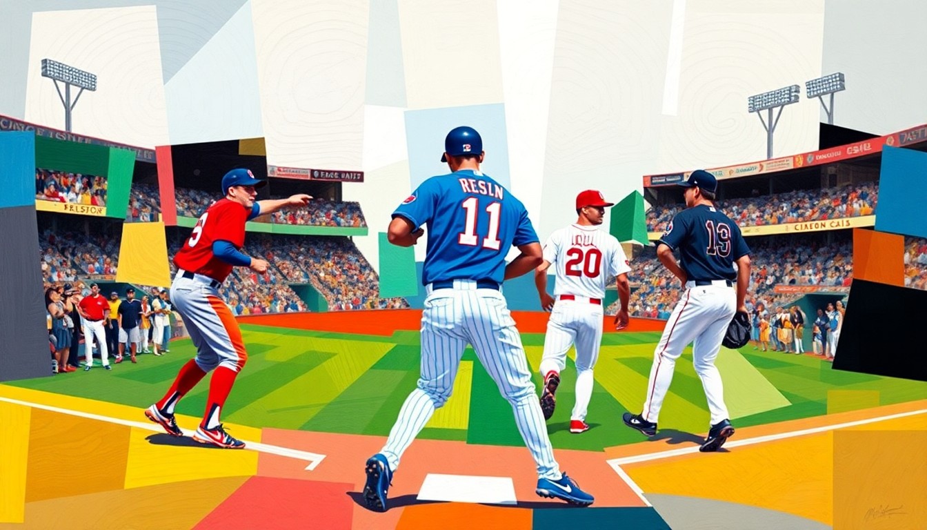 A cubist-style painting depicting a fragmented baseball infield scene, with the players' forms broken down into sharp, overlapping geometric shapes in shades of red, blue, and white, capturing the strategic maneuvering between the two teams.