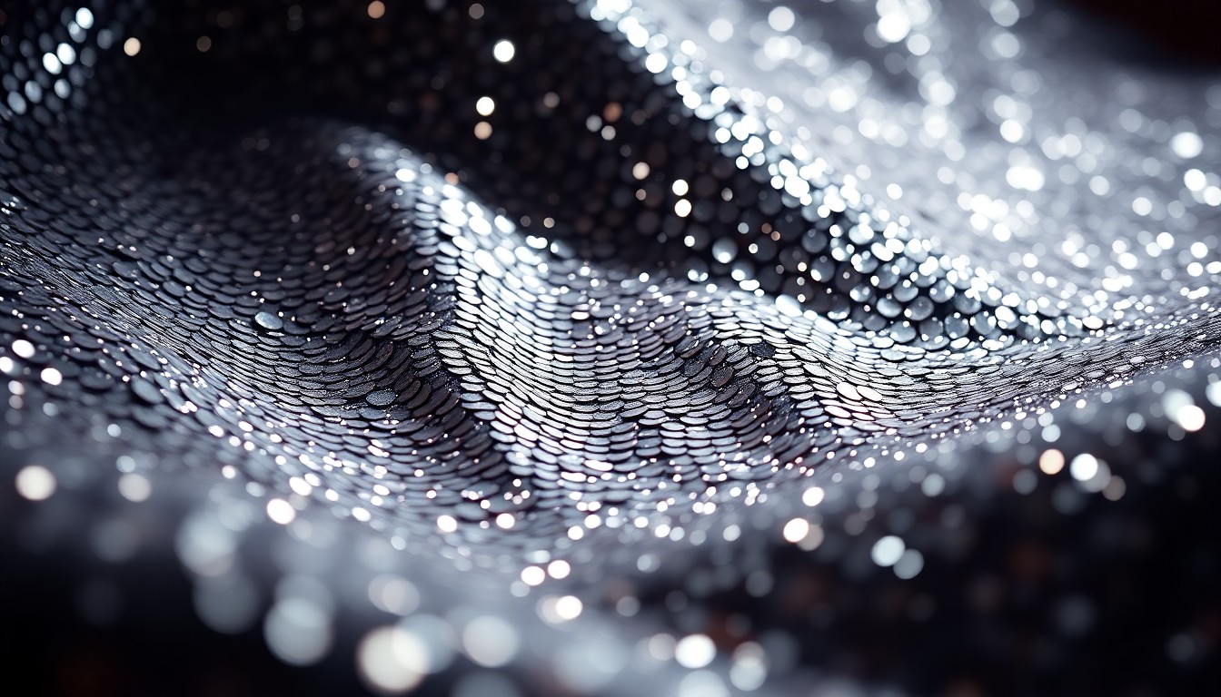 An extreme close-up of shimmering, reflective sequins and glittering disco glass textures, captured in dramatic high-contrast studio lighting to create a conceptual representation of the glamour and financial opportunities associated with reality TV stardom.
