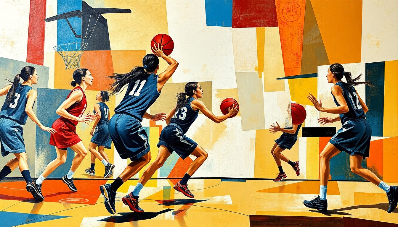 A fragmented, geometric painting depicting the fluid movements and energy of a girls basketball game, with the players' forms broken down into abstract shapes and lines.